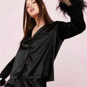 Satin Feather Pajama Shirt and Shorts Set